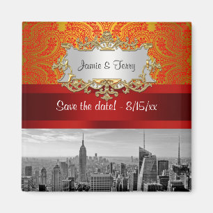 NY City Skyline BW 112 Red Gold Paisley Save Date Magneet