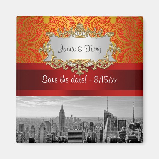 NY City Skyline BW 112 Red Gold Paisley Save Date Magneet (Voorkant)