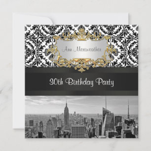 NY City Skyline BW 431 Damask Birthday Party Kaart