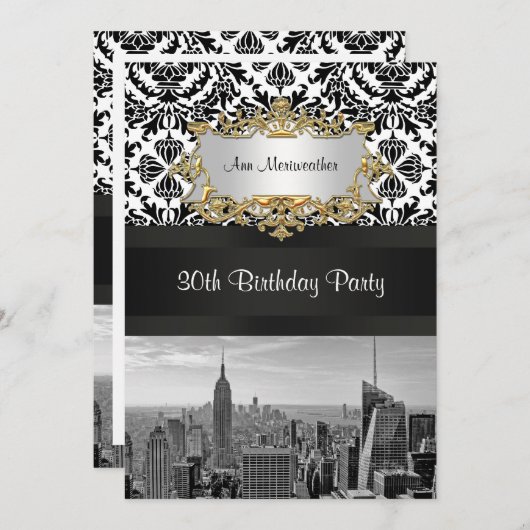 NY City Skyline BW 431 Damask Verjaardagsfeest V Kaart (Voorkant / Achterkant)