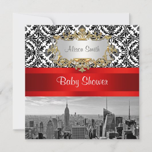 NY City Skyline BW 432 Damask Baby shower Invite Kaart (Voorkant)
