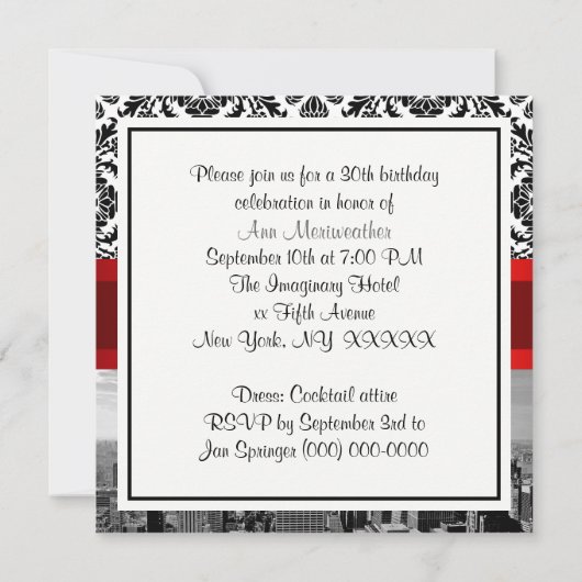 NY City Skyline BW 432 Damask Birthday Party Kaart (Achterkant)