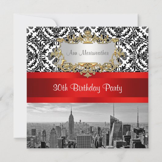 NY City Skyline BW 432 Damask Birthday Party Kaart (Voorkant)