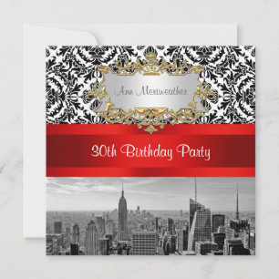 NY City Skyline BW 432 Damask Verjaardagsfeestje Kaart
