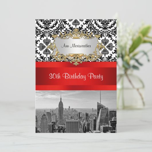 NY City Skyline BW 432 Damask Verjaardagsfeestje V Kaart (Staand voorkant)