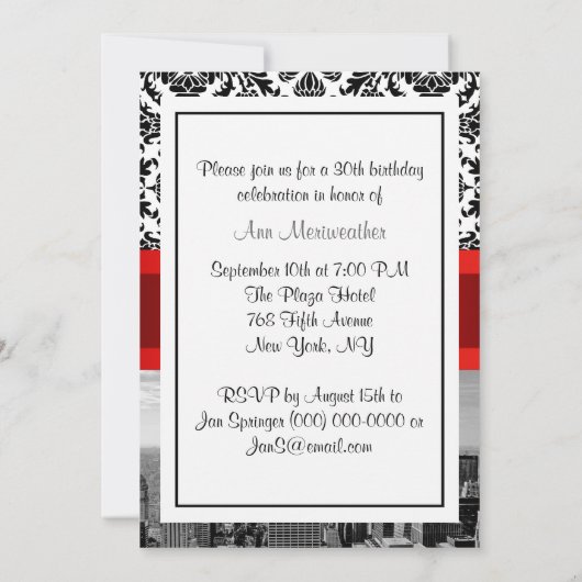 NY City Skyline BW 432 Damask Verjaardagsfeestje V Kaart (Achterkant)