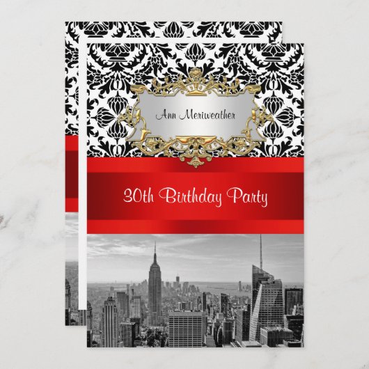 NY City Skyline BW 432 Damask Verjaardagsfeestje V Kaart (Voorkant / Achterkant)