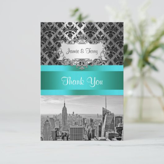 NY City Skyline BW B3 Damask F2 - Dank u Bedankkaart (Staand voorkant)
