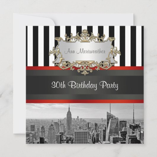 NY City Skyline BW Black White Stripe Birthday Kaart (Voorkant)