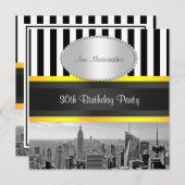 NY City Skyline BW Blk Whk Strp Yellow Birthday Kaart (Voorkant / Achterkant)