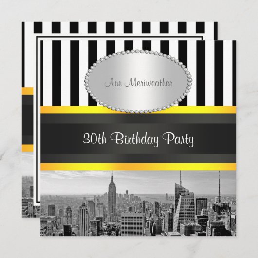 NY City Skyline BW Blk Whk Strp Yellow Birthday Kaart (Voorkant / Achterkant)