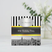 NY City Skyline BW Blk Whk Strp Yellow Birthday Kaart (Staand voorkant)