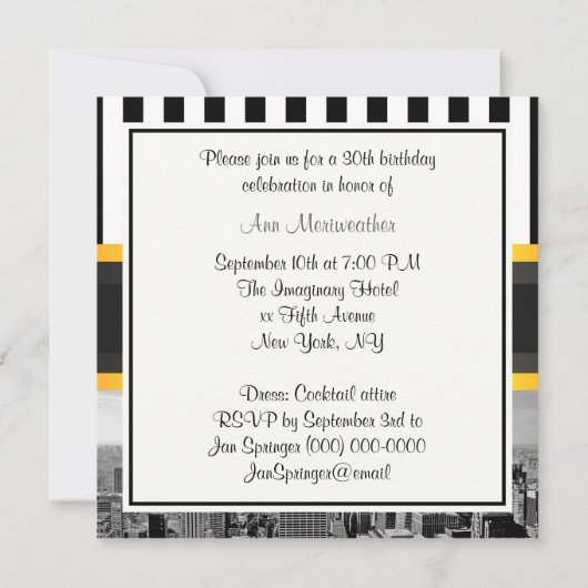 NY City Skyline BW Blk Whk Strp Yellow Birthday Kaart (Achterkant)