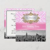 NY City Skyline BW D4P Pink Damask Birthday Party Kaart (Voorkant / Achterkant)