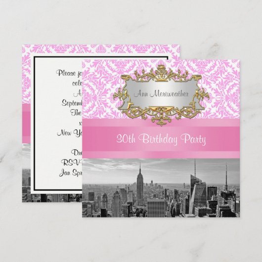 NY City Skyline BW D4P Pink Damask Birthday Party Kaart (Voorkant / Achterkant)