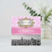 NY City Skyline BW D4P Pink Damask Birthday Party Kaart (Staand voorkant)