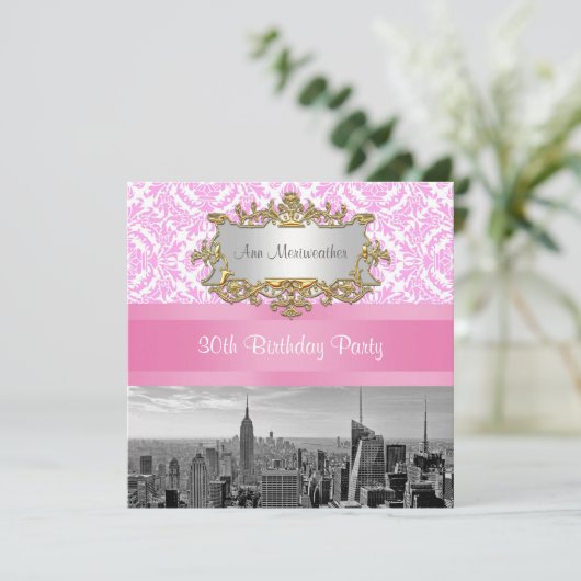 NY City Skyline BW D4P Pink Damask Birthday Party Kaart (Staand voorkant)