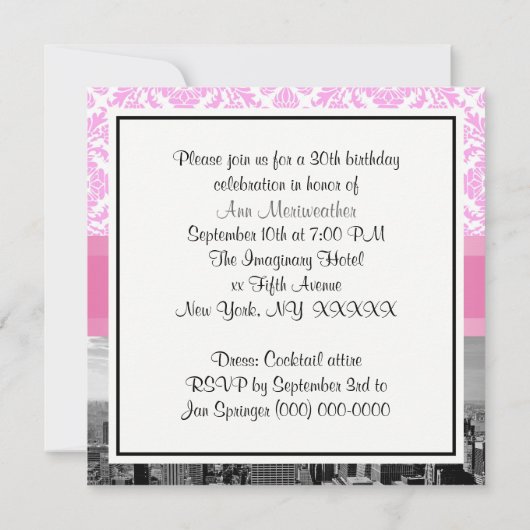 NY City Skyline BW D4P Pink Damask Birthday Party Kaart (Achterkant)