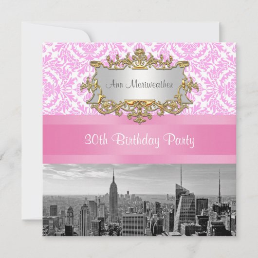 NY City Skyline BW D4P Pink Damask Birthday Party Kaart (Voorkant)
