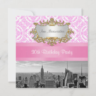 NY City Skyline BW D4P Pink Damask Birthday Party Kaart