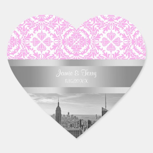 NY City Skyline BW D4P Roze White Damask Hart Sticker (Voorkant)