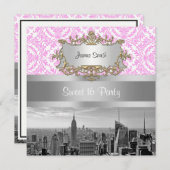 NY City Skyline BW D4P Roze White Damask Kaart (Voorkant / Achterkant)