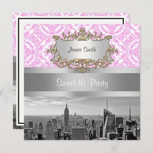 NY City Skyline BW D4P Roze White Damask Kaart (Voorkant / Achterkant)