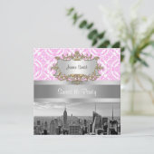 NY City Skyline BW D4P Roze White Damask Kaart (Staand voorkant)