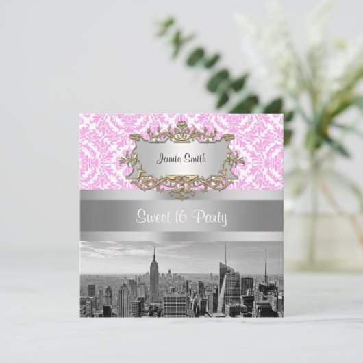 NY City Skyline BW D4P Roze White Damask Kaart (Staand voorkant)