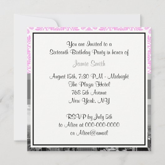 NY City Skyline BW D4P Roze White Damask Kaart (Achterkant)