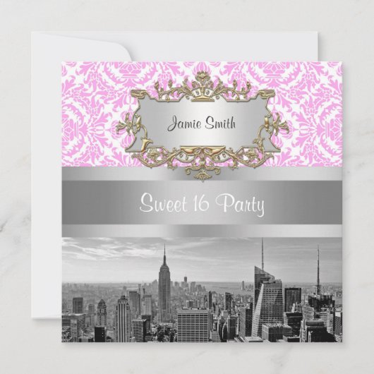NY City Skyline BW D4P Roze White Damask Kaart (Voorkant)