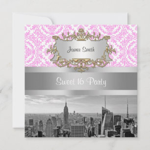 NY City Skyline BW D4P Roze Witte Damast Kaart