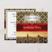 NY City Skyline Sepia B4 Damask Afstuderen Invite Kaart (Voorkant / Achterkant)