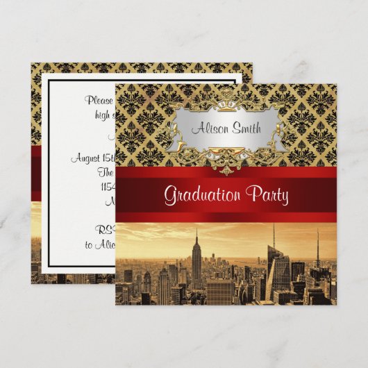 NY City Skyline Sepia B4 Damask Afstuderen Invite Kaart (Voorkant / Achterkant)
