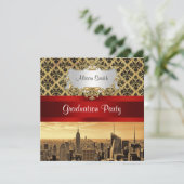 NY City Skyline Sepia B4 Damask Afstuderen Invite Kaart (Staand voorkant)