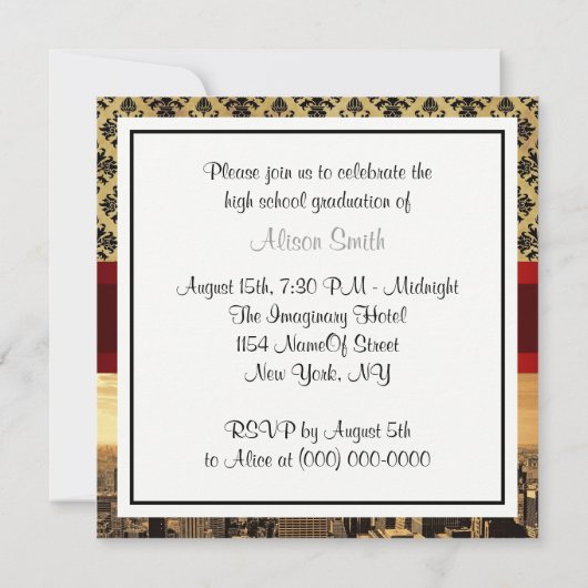 NY City Skyline Sepia B4 Damask Afstuderen Invite Kaart (Achterkant)