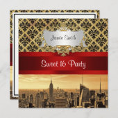 NY City Skyline Sepia B4 Damask Sweet 16 Invite Kaart (Voorkant / Achterkant)