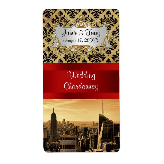 NY City Skyline Sepia B4 Wijnlabel Damask Party Etiket (Voorkant)