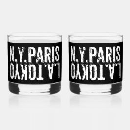 NY Parijs Tokio LA in verstoord lettertype Whisky Glas