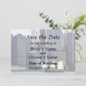 NY - Schooner tegen Manhattan Skyline Save The Date (Staand voorkant)