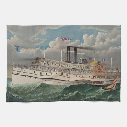 NY Voyage Grand Paddlewheel Stoomboot De Pelgrim Theedoek (Horizontaal)