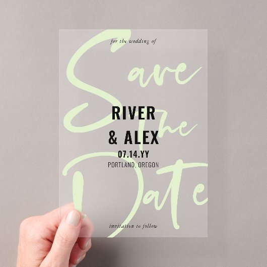 Nyanza Green Modern Script Save the Date Acryl Uitnodigingen (Insitu (Draagbaar))