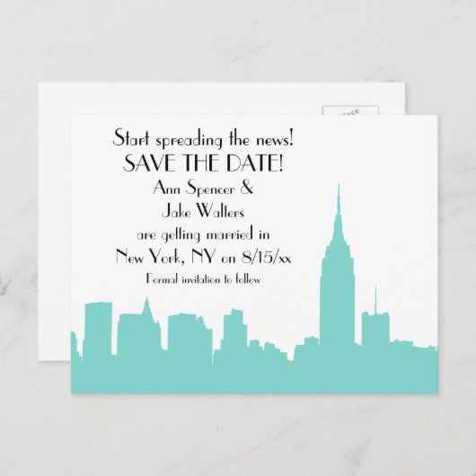 NYC Aqua Skyline Silhouet Sla de datum op Aankondigingskaart (Voorkant / Achterkant)
