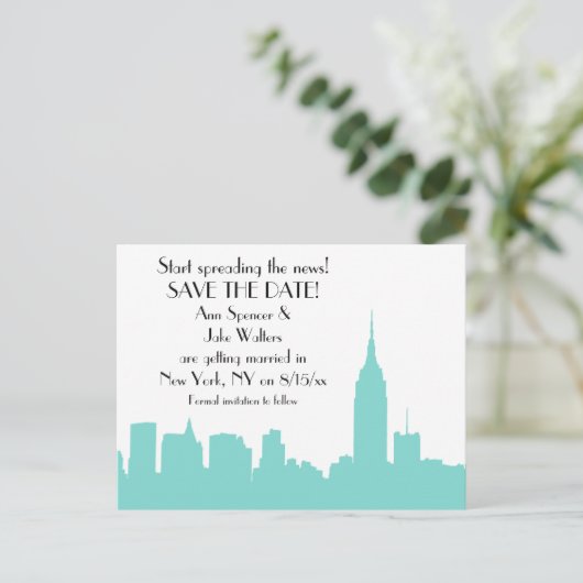 NYC Aqua Skyline Silhouet Sla de datum op Aankondigingskaart (Staand voorkant)