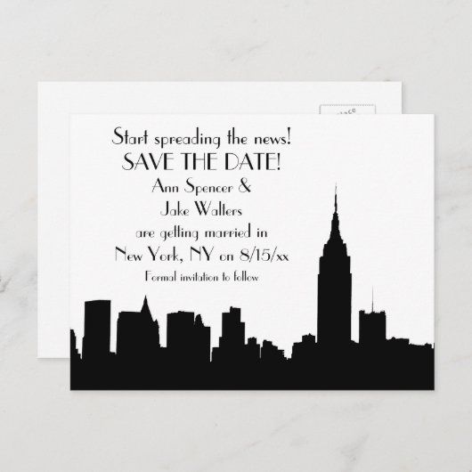 NYC Black Skyline Silhouet De datum opslaan Aankondigingskaart (Voorkant / Achterkant)