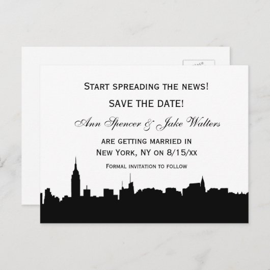 NYC Black Wide Skyline Silhouet #2 Bewaar de datum Aankondigingskaart (Voorkant / Achterkant)