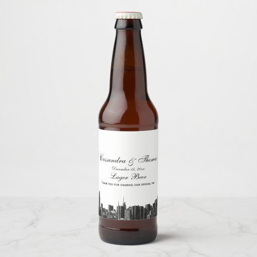 NYC brede skyline geëtst BW bier flesetiket Bier Etiket (Voorkant)