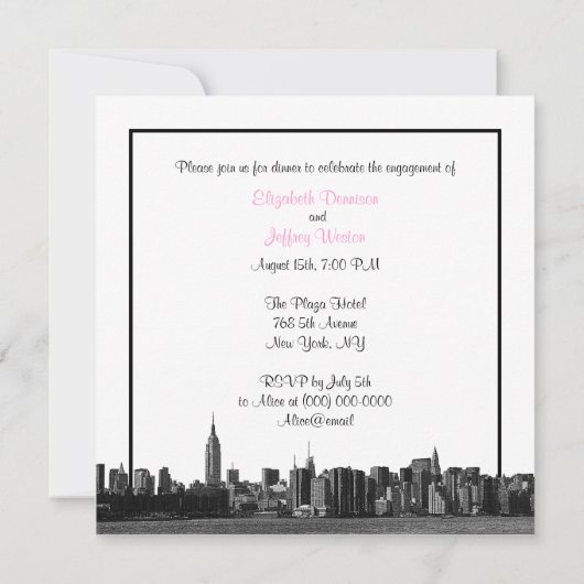 NYC brede skyline geëtst BW roze Verloving PTY SQ Kaart (Achterkant)