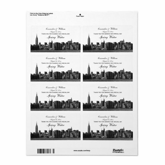 NYC brede skyline geëtste BW waterfles Etiket (Full Sheet)