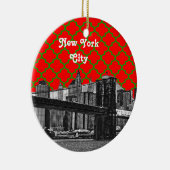 NYC Brooklyn Bridge Red Green Quatrefoil Xmas Keramisch Ornament (Rechts)
